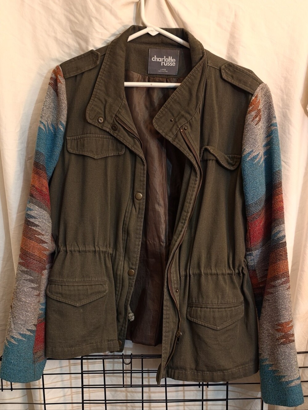 Charlotte Russe Olive Utility Jacket with Multicolor Aztec Sleeves